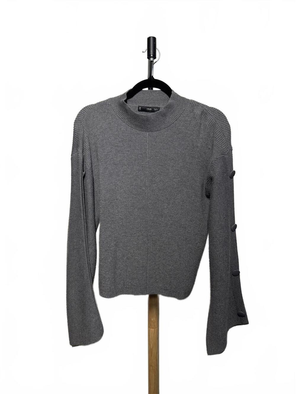 MNG Gray Ribbed Mock Neck Knit Sweater with Button Sleeve Detail